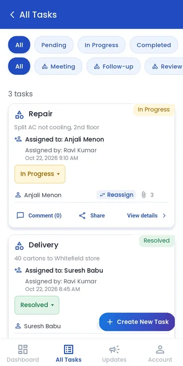 All Tasks screen with a repair job in progress and a delivery resolved