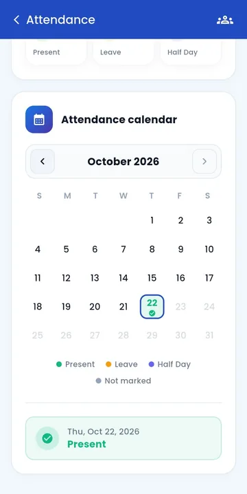 Attendance calendar for October 2026 with today marked Present