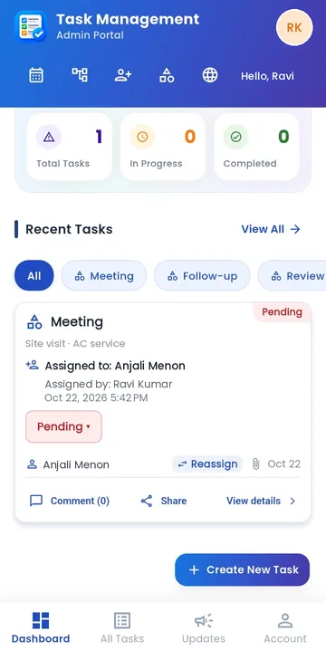 TeamTrack dashboard showing total, in-progress and completed tasks and recent tasks filtered by type