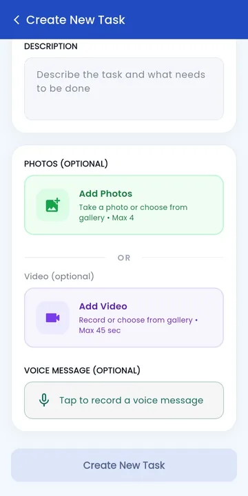 Create new task screen with options to add photos, a video and a voice message