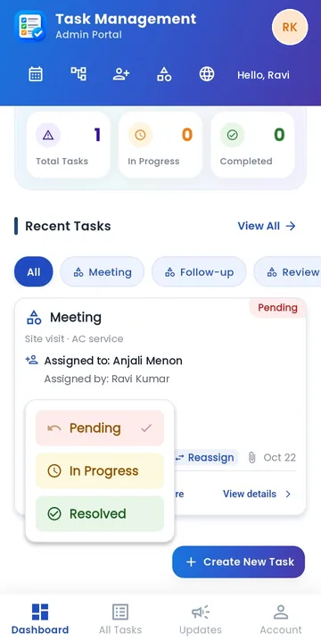 Task card with a status menu showing Pending, In progress and Resolved